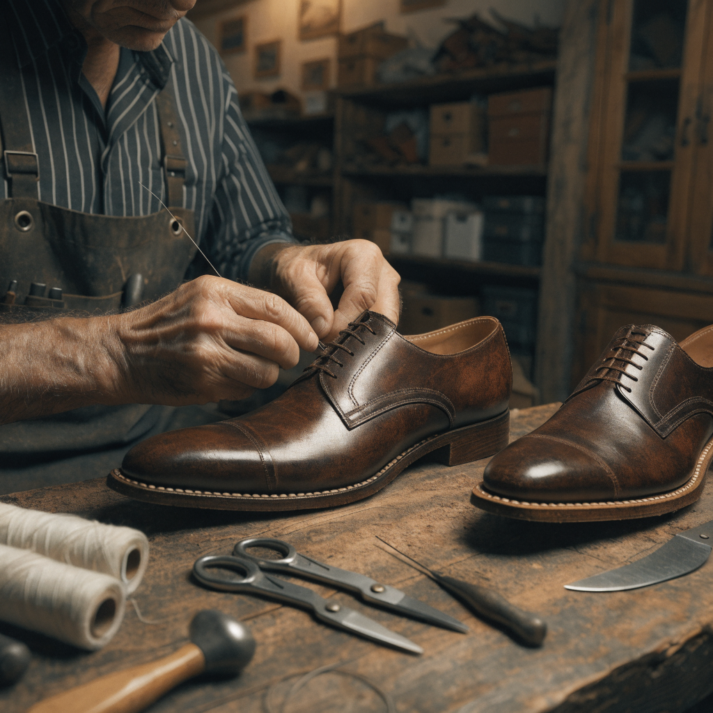 Artesano italiano fabricando zapatos IMAC a mano